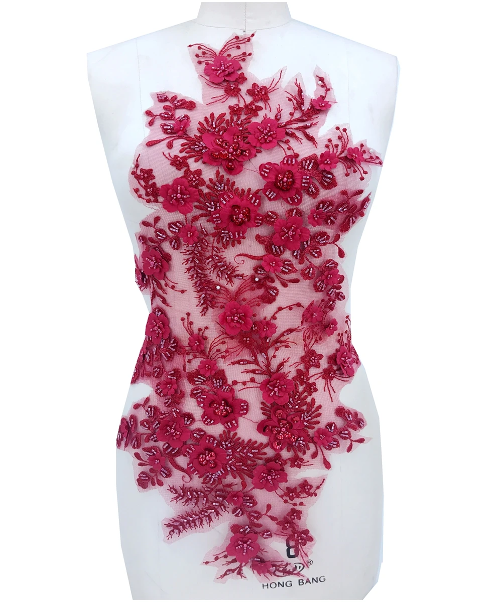 sew on bead rhinestones wine Three-dimensional flowers lace applique crystals trim patches 62*32cm for dress DIY accessories | Дом и сад