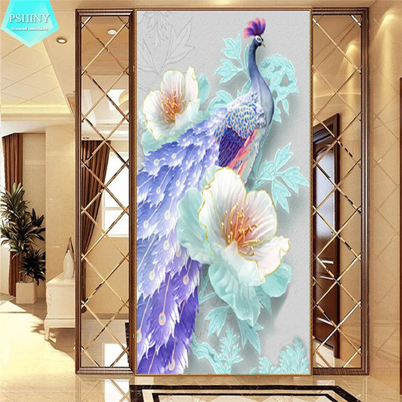 

PSHINY 5D DIY Diamond painting peacocks Pictures with full display Square rhinestones Diamond embroidery sale new arrivals