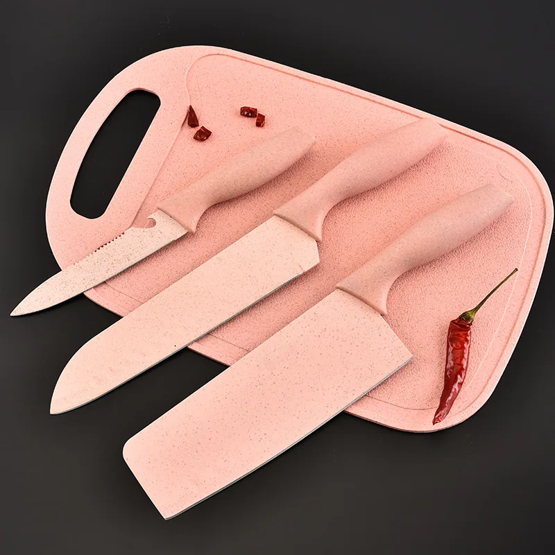 

SHUOJI Wheat Straw Knife Set 4 PCS Set Small Chef Cleaver Knife Santoku Paring Knives Wheat Straw Kitchen Knives Cutting Board