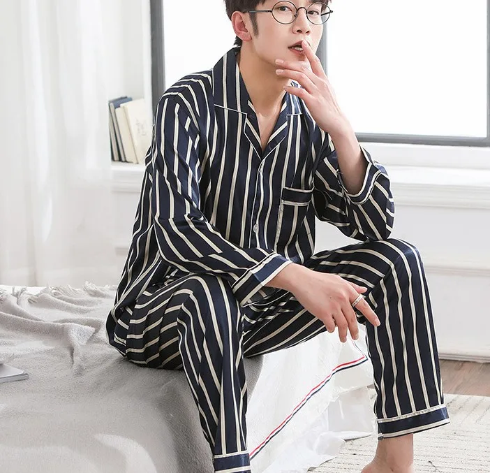 Smmoloa Lover шелковые пижамы с длинным рукавом в полоску атласные Lounge парная Пижама наборы для ухода за кожей - Цвет: MEN