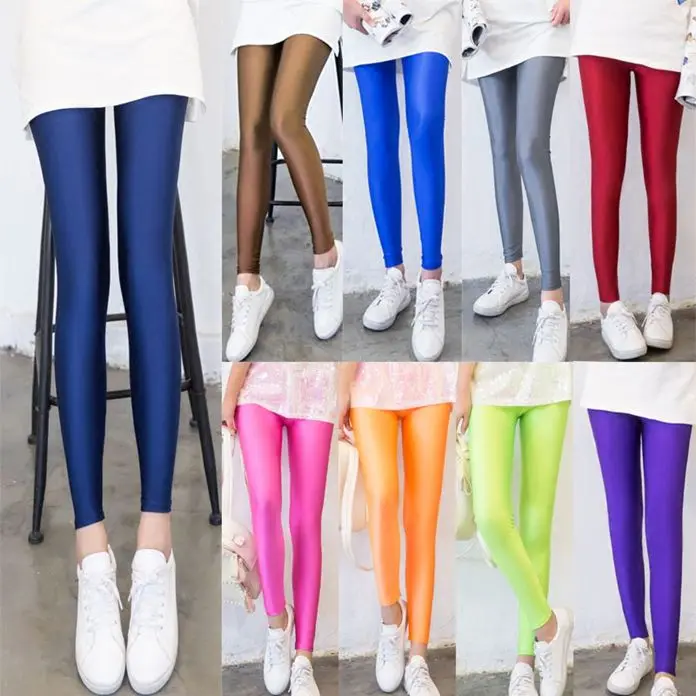 

Fashion Fluorescent Colors Glossy Legging Women High Spandex Elastic Waist Pants Girls Fitness joggers Leggings Suit 40-70KG