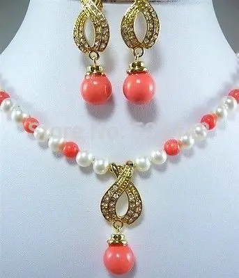 

Wholesale Beautiful natural white pearl pink coral necklace + earrings (A0423)