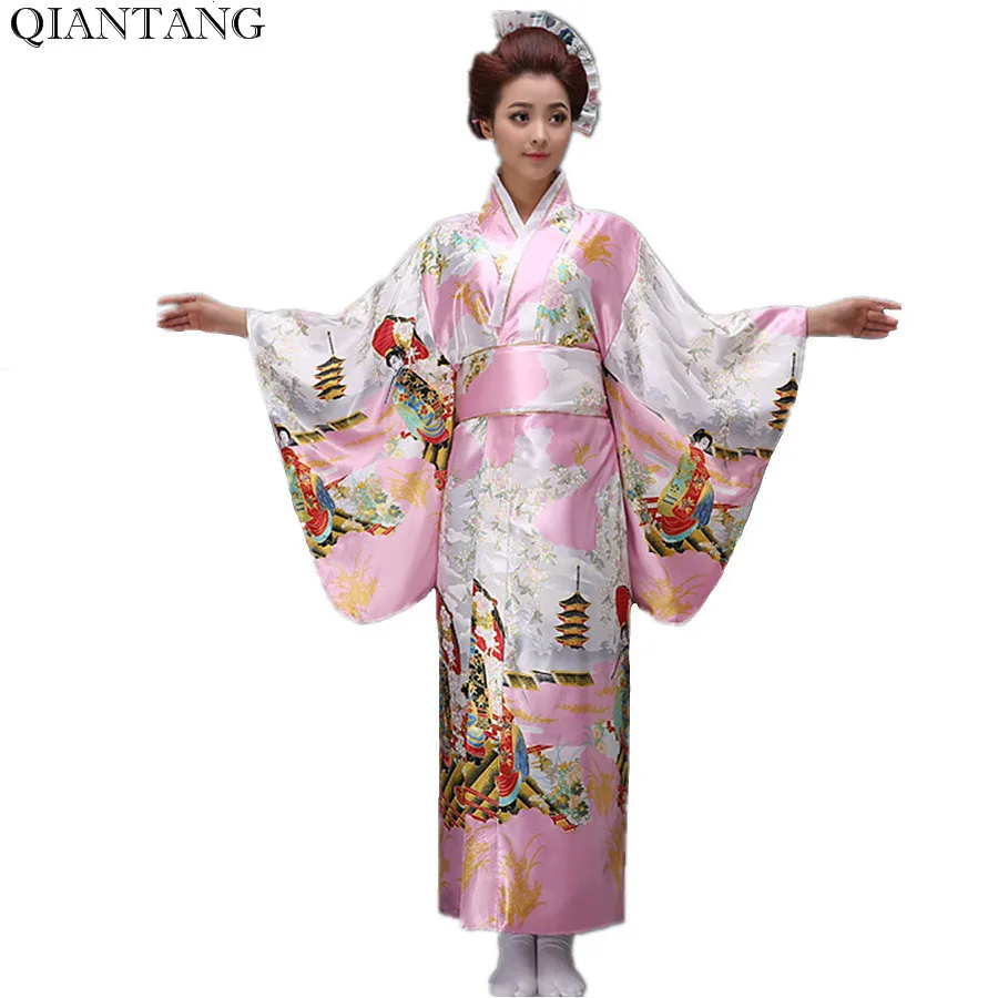 Hot Sale Fashion Pink Japanese Style Women Kimono Yukata Haori With Obi 