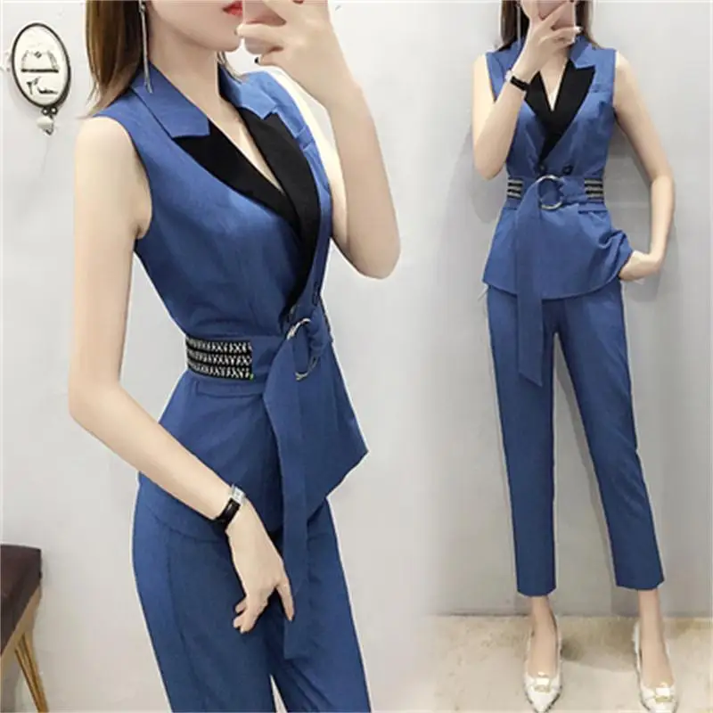 

Fashion pants suit female summer New high-end temperament Double-breasted casual vest + pants two-piece suit women