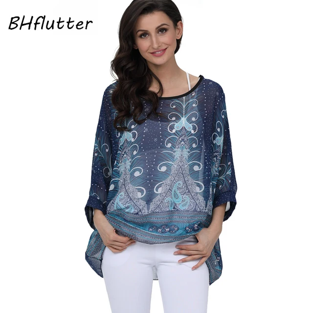 US $7.33 BHflutter 2018 Women Blouse Shirt Plus Size 4XL 5XL 6XL Batwing Sleeve Chiffon Tops Floral Print Ca