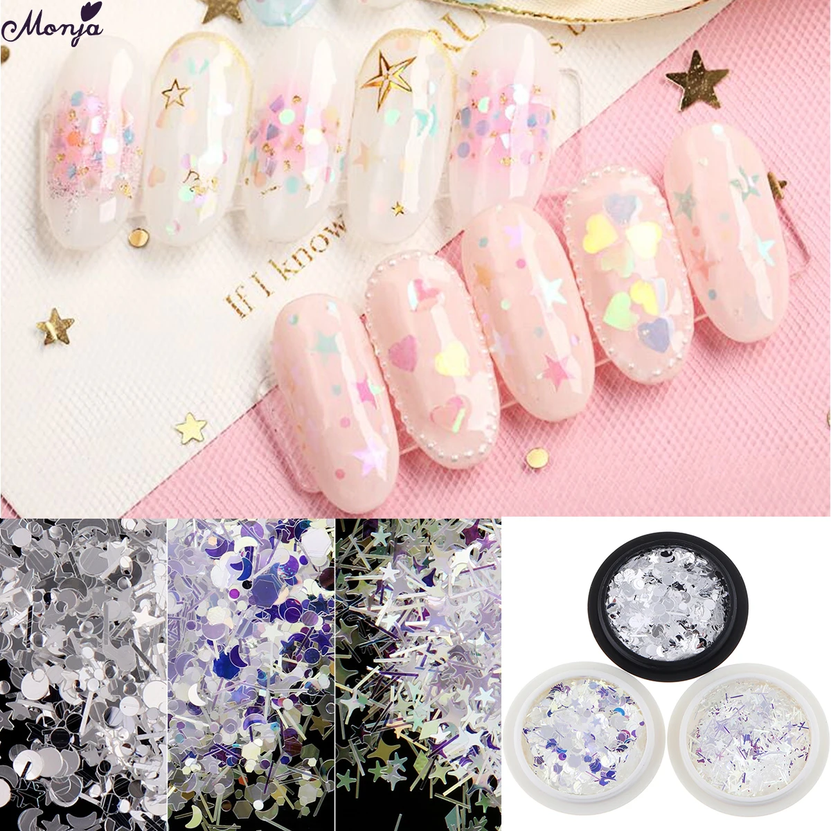 

Monja 3 Styles Nail Art Colorful Sparkly Irregular Powder Sequins 3D DIY Charm Sparkly Pigment Glitter Flake Manicure Decoration