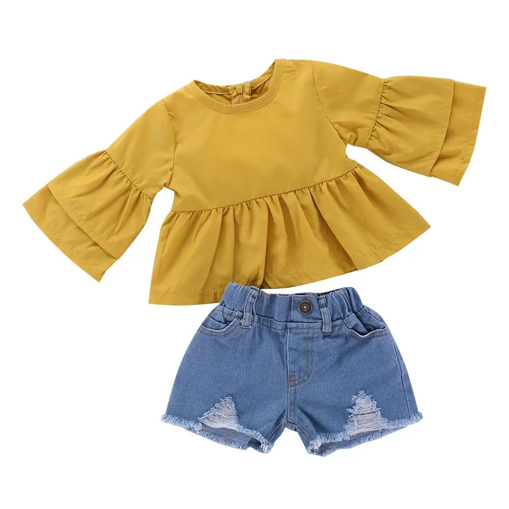 Cute Baby Girl Clothes Set Fashion Little Fresh Girl Yellow Bell Sleeve Top And Shredded Jeans Set