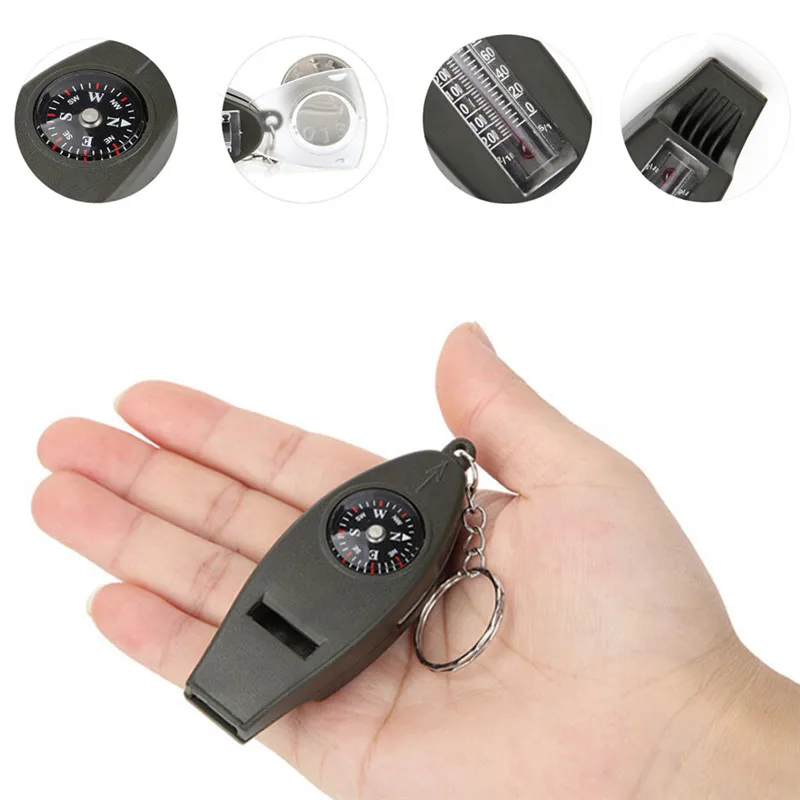 

Mini Outdoor 4 In1 Survival Compass, Thermometer, Magnifying Glass, Whistle Keychain Keyring