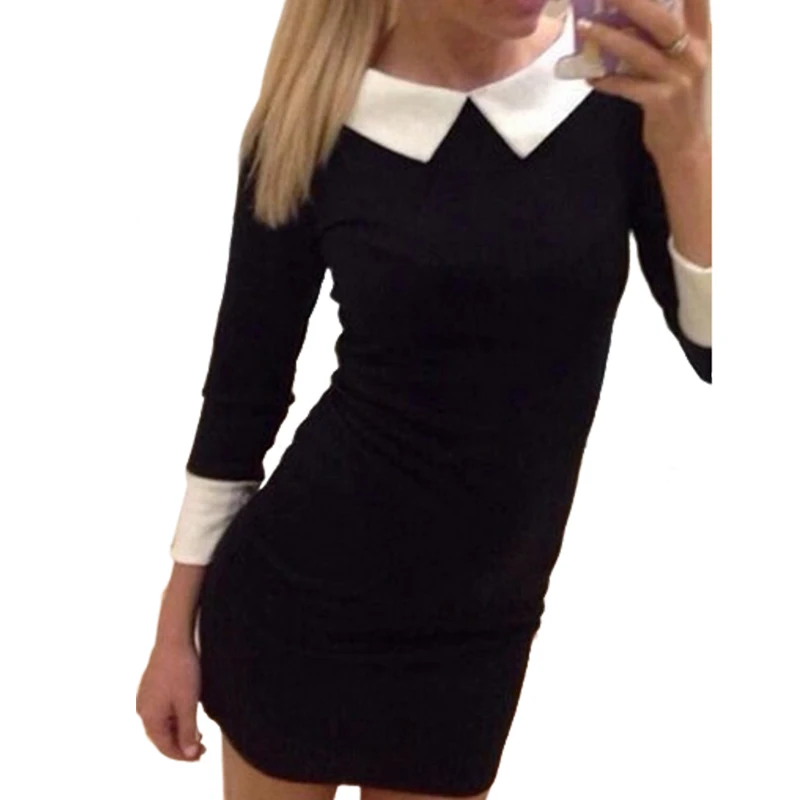 

Fashion women casual dress long Sleeve casual Doll collar Chiffon mini dress Contrast Color Dress Black Red Purple