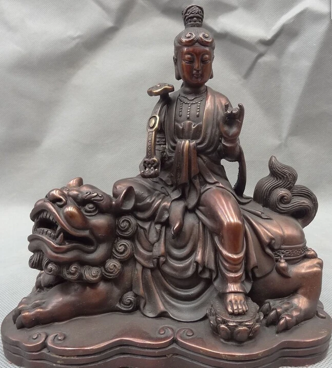 

560++Chinese Pure Bronze RuYi WenShu Bodhisattva Kwan-Yin Buddha Ride Lion Statue