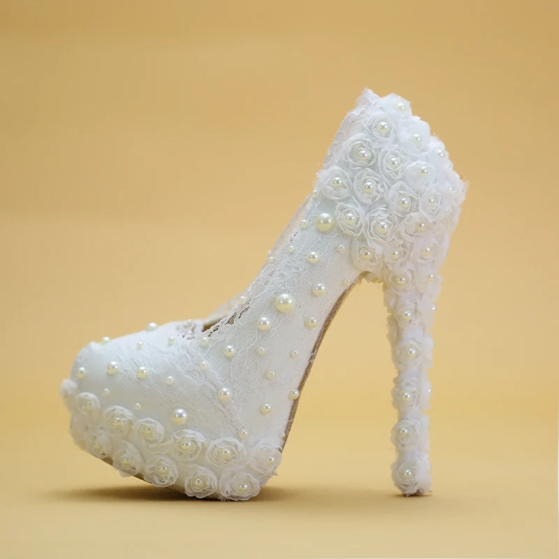 

Wedding Party Pumps White Lace Pearl Super High Heels Women Waterproof Platform Bride's Dress Bridesmaids Female Shoes