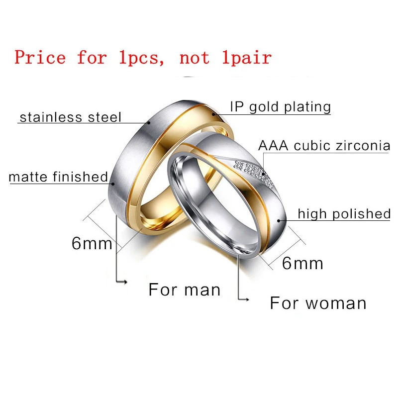 Romantic Wedding Rings For Lover Gold-Color Stainless Steel Couple Rings Crystals Anti-allergy Rings Engagement Party Jewelry