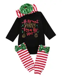 Рождество 3 шт. для новорожденных для маленьких девочек длинный рукав хлопок боди гетры наряды одежда в полоску Демисезонный