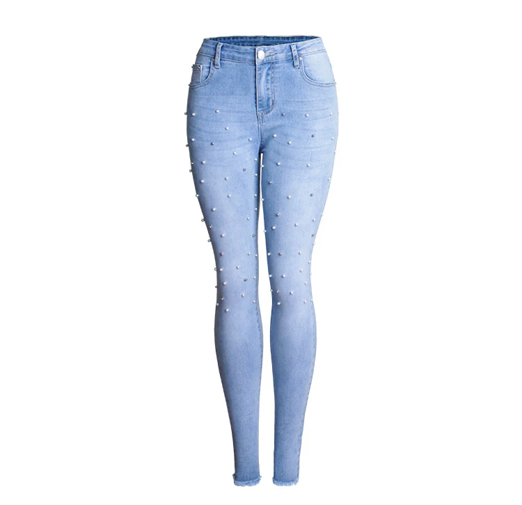 HCYO Для женщин джинсовые штаны Высокая Талия Джинсы Slim Повседневное Бисер отбеленные кисточкой джинсы брюки Для женщин стрейч хлопок