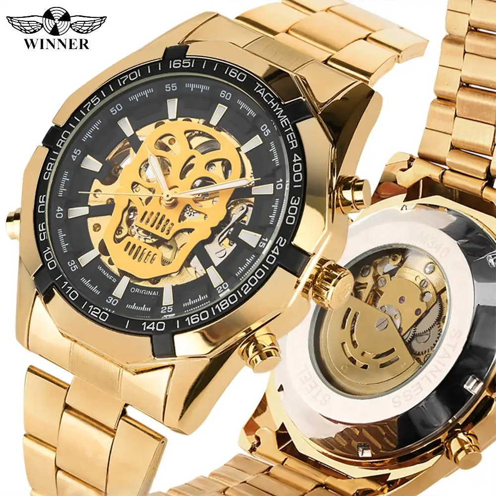 Black Skeleton Dial Automatic-self-winding Watches for Men Skull Carving Mechanical Watch for Male Stainless Steel Band Watches