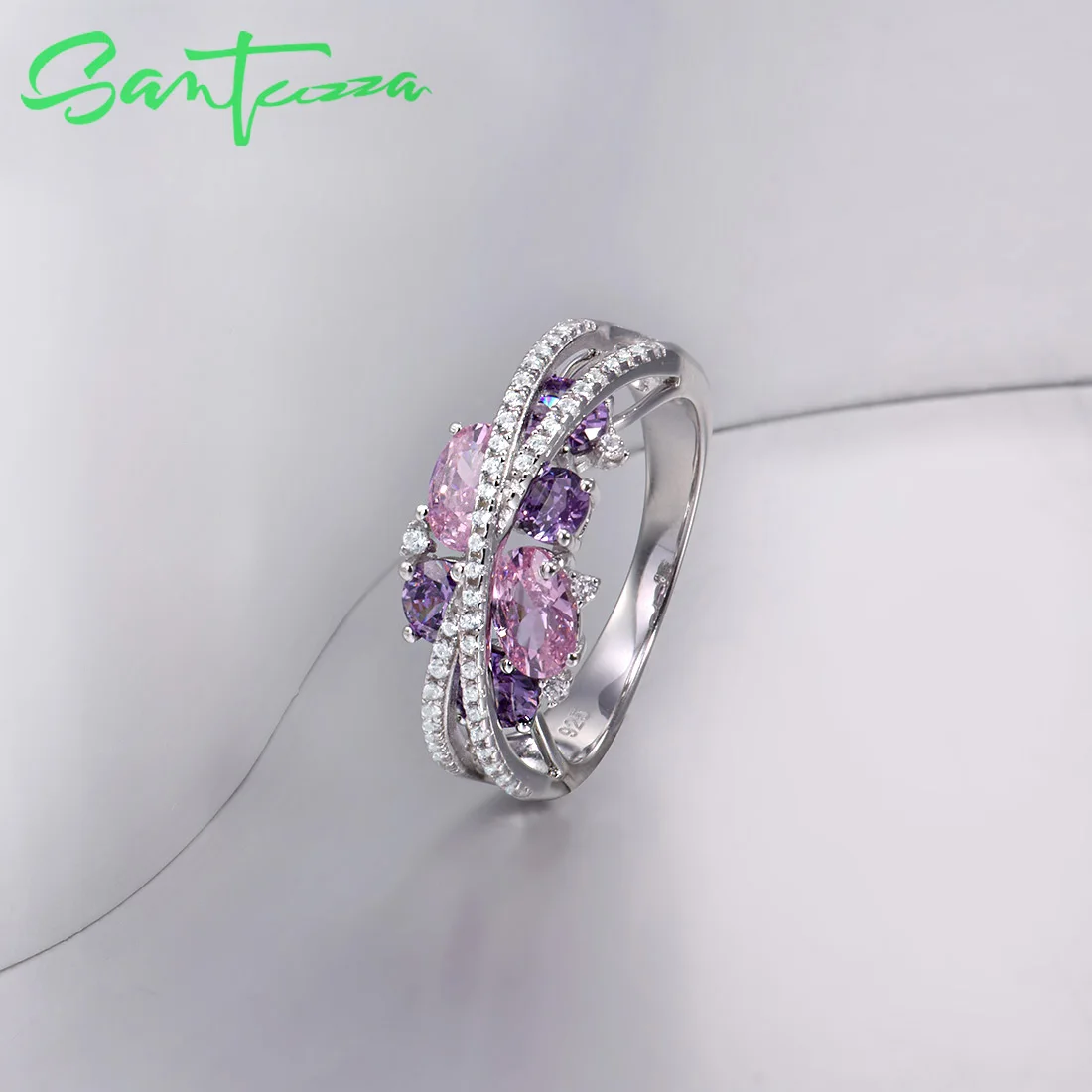 Серебряные кольца SANTUZZA для женщин из натуральной 925 пробы, переливающиеся аметист, розовый кубический цирконий, модные роскошные ювелирные изделия