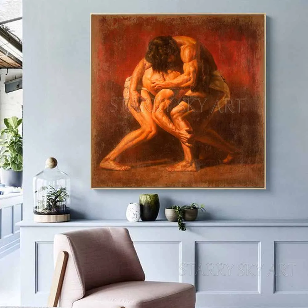 Skilled Artist Hand-painted High Quality Nude Man Male Figure Oil Painting Naked Strong Young Men Wrestler Portrait Oil Painting