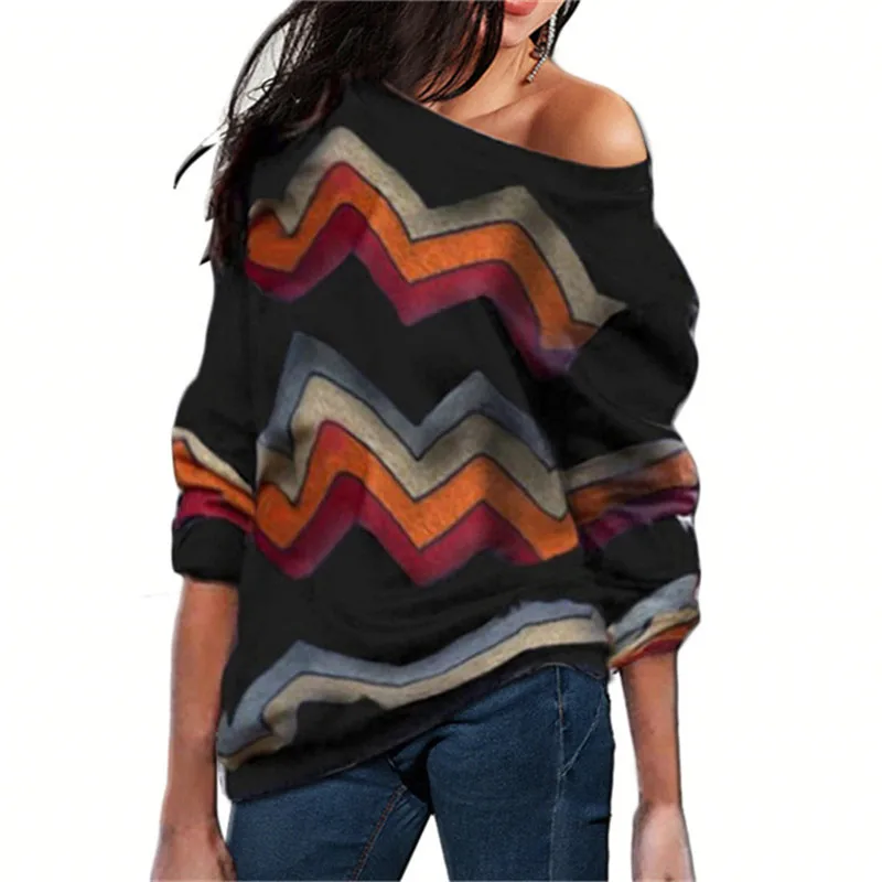 Полосатый Женский вязаный свитер с принтом, осень, Повседневный пуловер с длинным рукавом, винтажный сексуальный пуловер с открытыми плечами, топы, Mujer S-3XL