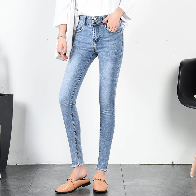 Для женщин Демисезонный корейский Шинни сексуальные джинсы женские c высокой талией, эластичные брюки-карандаш капри Новая мода Тонкий