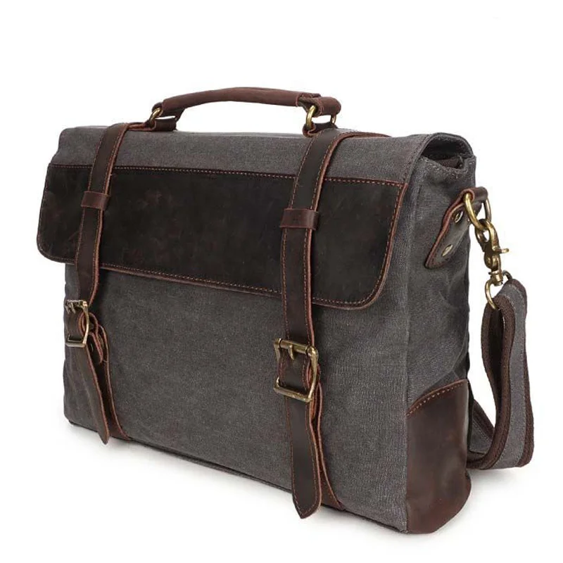 

Canvas and Genuine Leather Handbag Men Briefcase Messenger Bag Vintage Brand Men Laptop Shoulder Bag Travel Crossbody Bag 2019