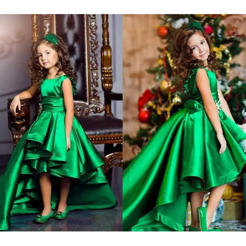 Платья с цветочным узором для девочек на свадьбу изумрудно-зеленого цвета из тафты, пышные платья для девочек с круглым вырезом, Детские вечерние платья,, высокие низкие платья для девочек