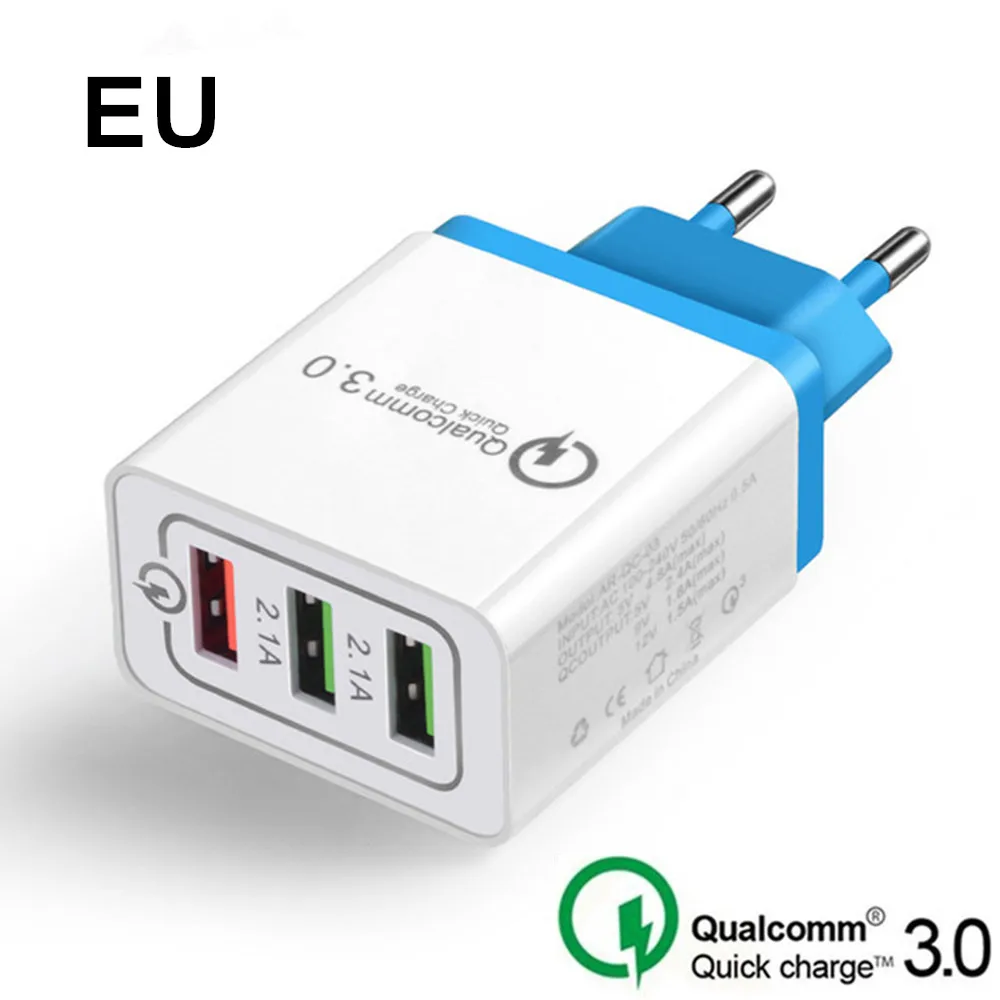 Быстрая зарядка 3,0 USB зарядное устройство EU US plug Charge QC3.0 Быстрая зарядка 3 порта дорожное настенное зарядное устройство для iPhone samsung Xiaomi huawei - Тип штекера: Blue-EU