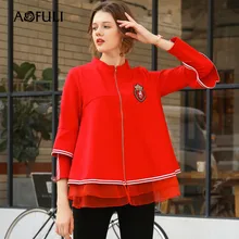 AOFULI L-XXXL 4XL 5XL Плюс Размер Женская куртка Дамская куртка с воротником из нитей красная Свободная куртка на молнии Верхняя одежда