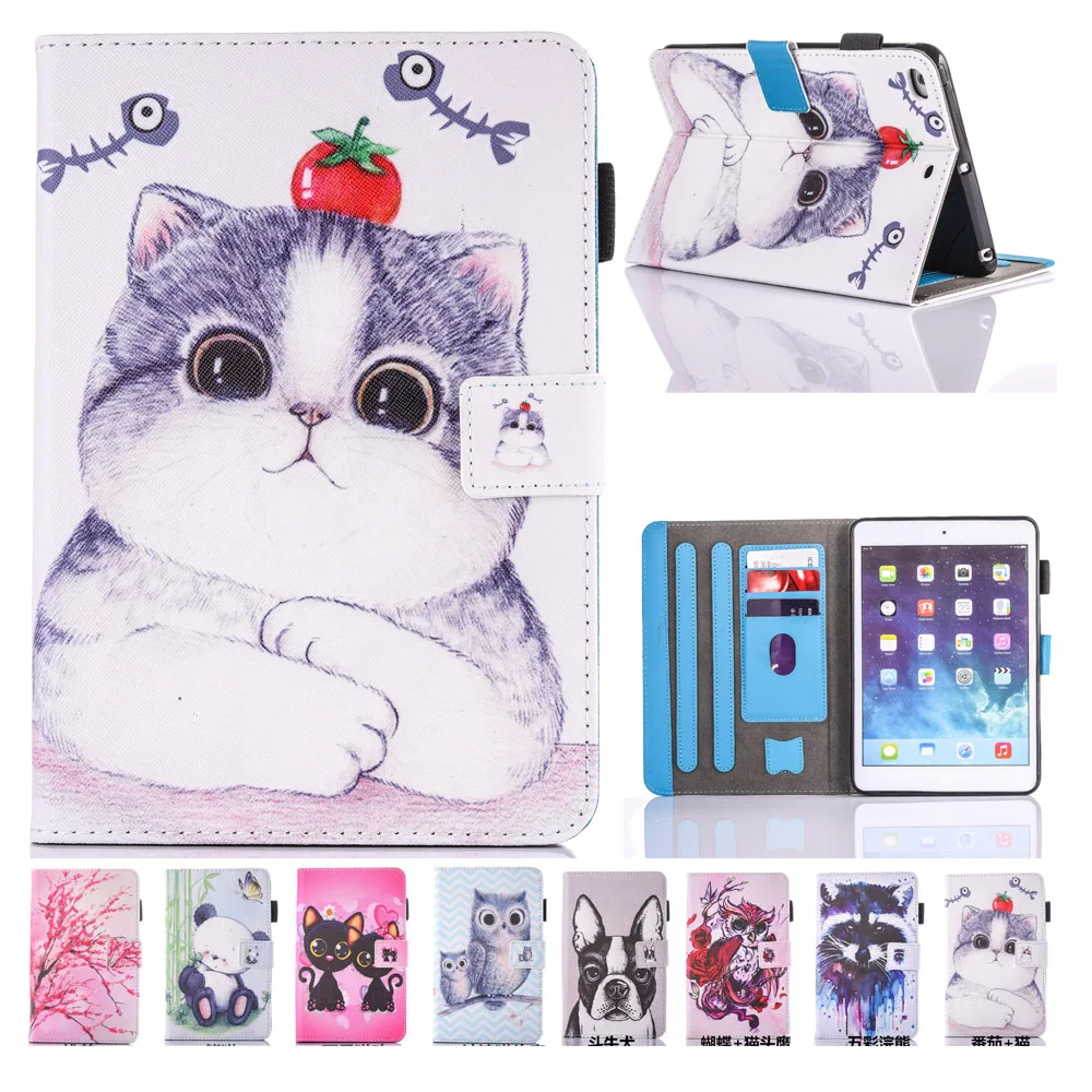 

For iPad Air 2 Case Cover Stylish New Kids Cat Printed PU Leather Kickstand Wallet Case for iPad Air 2 iPad 6 with Card Slot