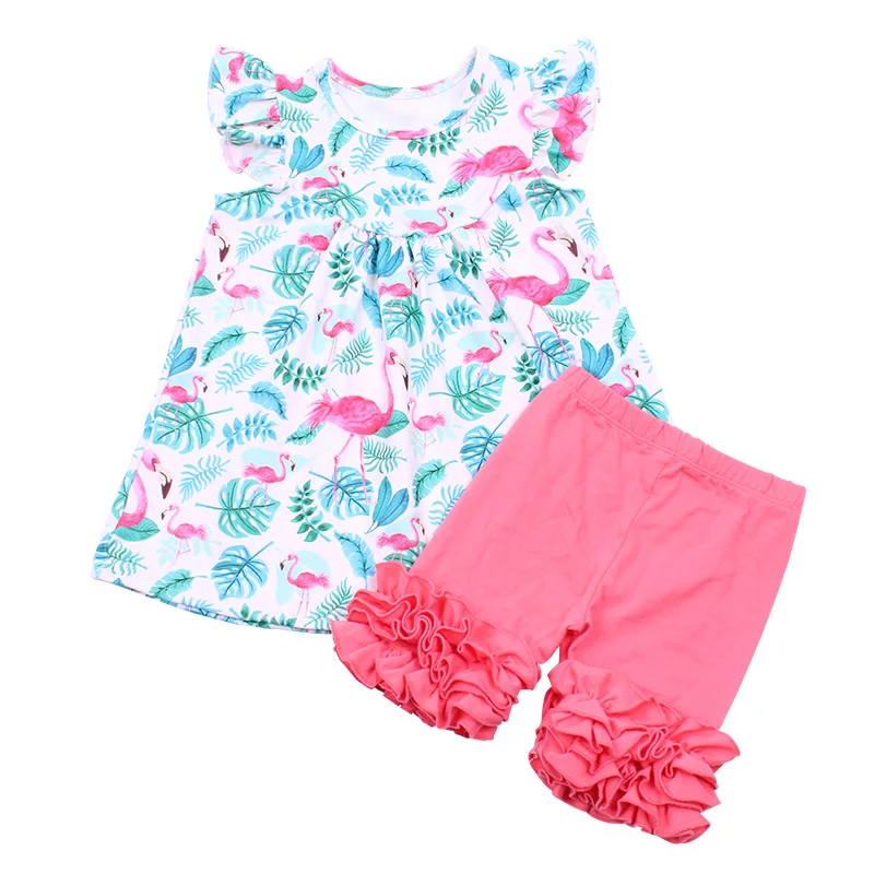 Summer Children Flamingo Boutique Clothing Set Girls Cute Milksilk Pearl Top Outfits Pink Short Ruffle For 12M to 7T | Детская одежда и