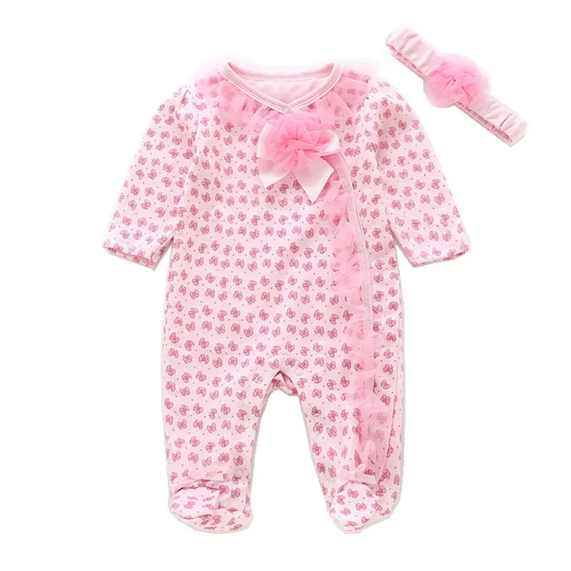 Одежда с бантом и принтом для новорожденных девочек кружевные комбинезоны с цветами и повязка на голову лето-осень принцесса детские для девочек Комбинезон - Цвет: Pink baby Rompers