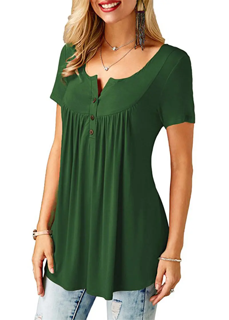 Women'S Summer Casual Short Sleeve T-Shirts Ruffle Button Up Split Neck Blouse Tunic Top Female 2018 Fashion Solid Loose Tees (8)