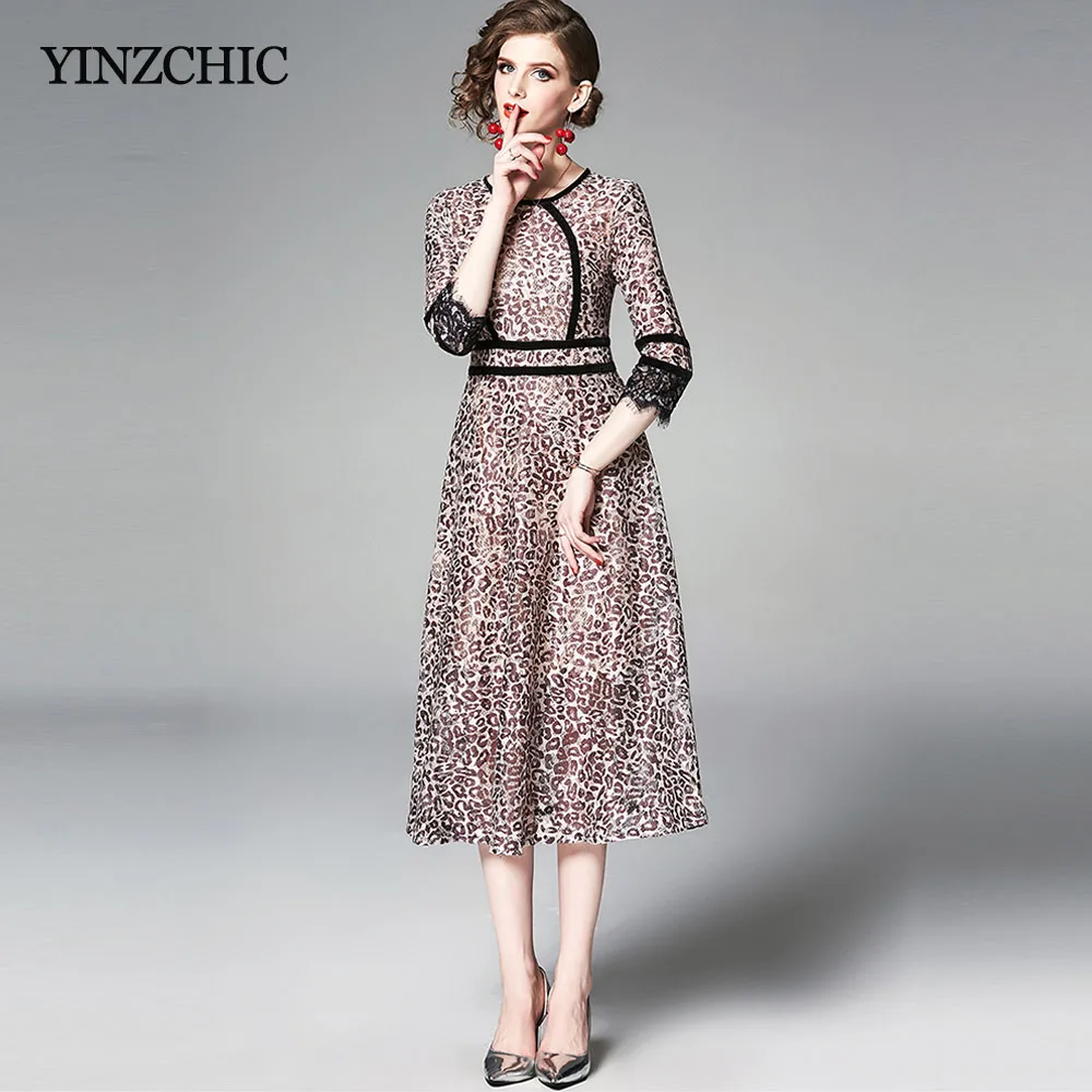 

Quality Woman Summer Lace Dress O-neck Female Casual Leopard Dresses Slim A-line Party Dress for Elegant Lady