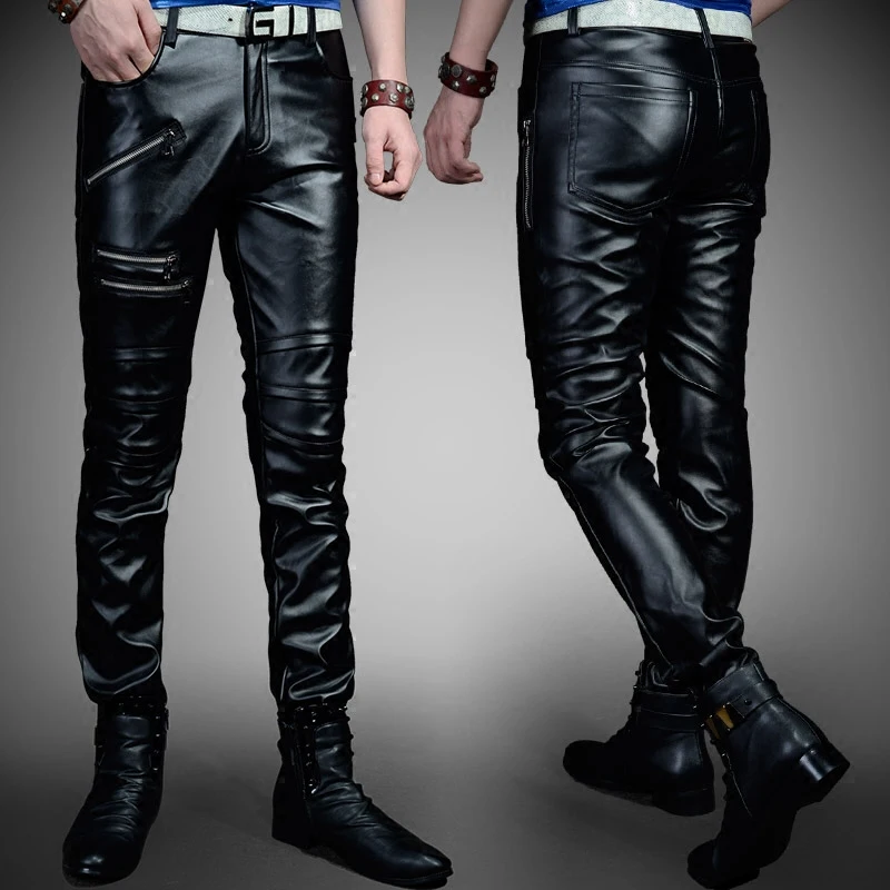 Men's Leather Pants Korean Version of The Small Feet Slim Men's Leather Pants Men's Personality Trend Motorcycle Leather Pants