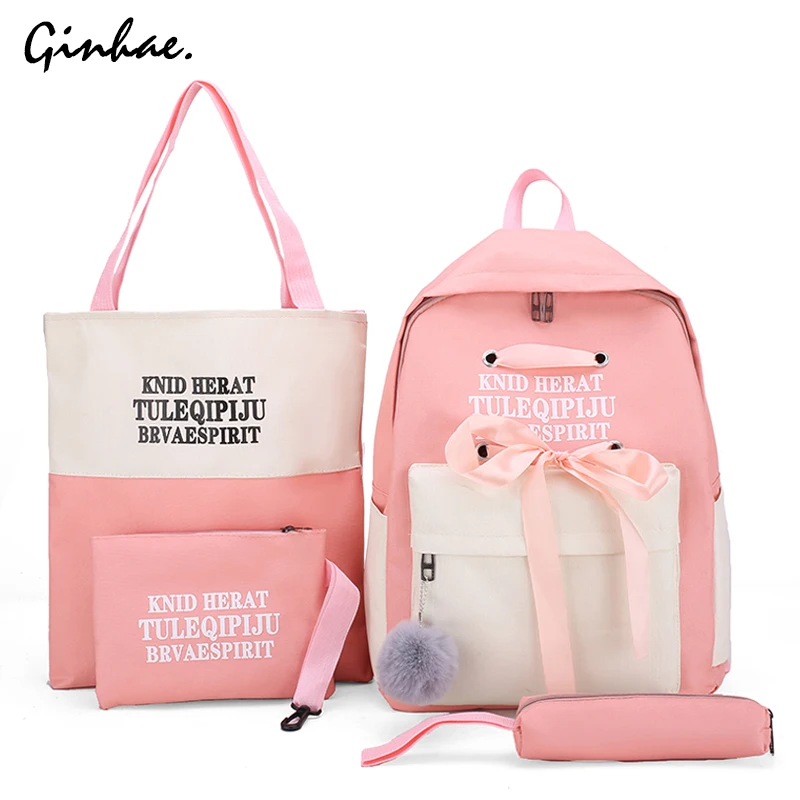 

Canvas Letter Rucksacks Women Preppy Style Travel Ribbons School Bag For Teenage 4Pcs Set Patchwork Backpack Girls Mochila Mujer