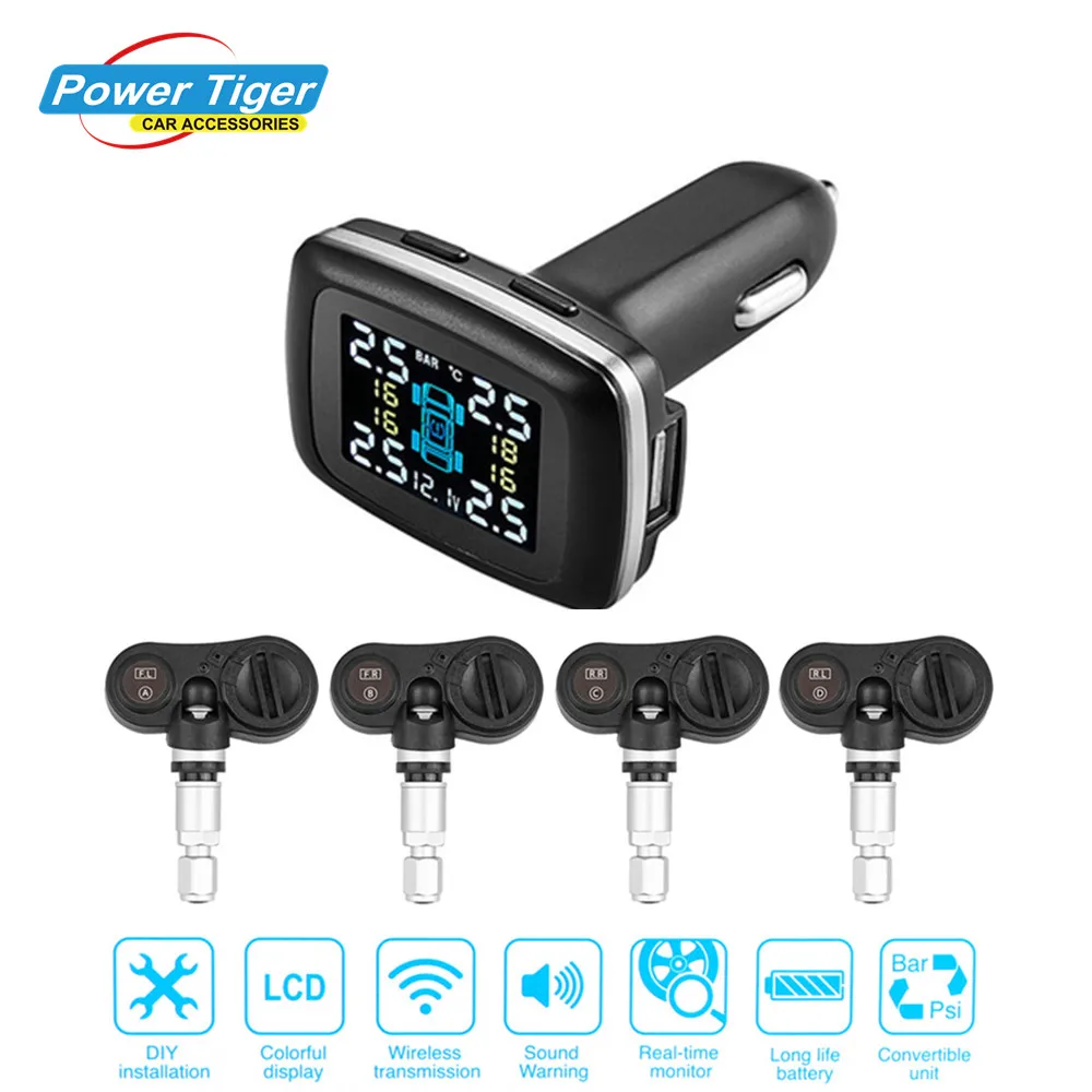 

Cigarette lighter Plug Car TPMS Tire Pressure Monitoring System Pressure Warning Alarm for Auto Security Digital LCD Display