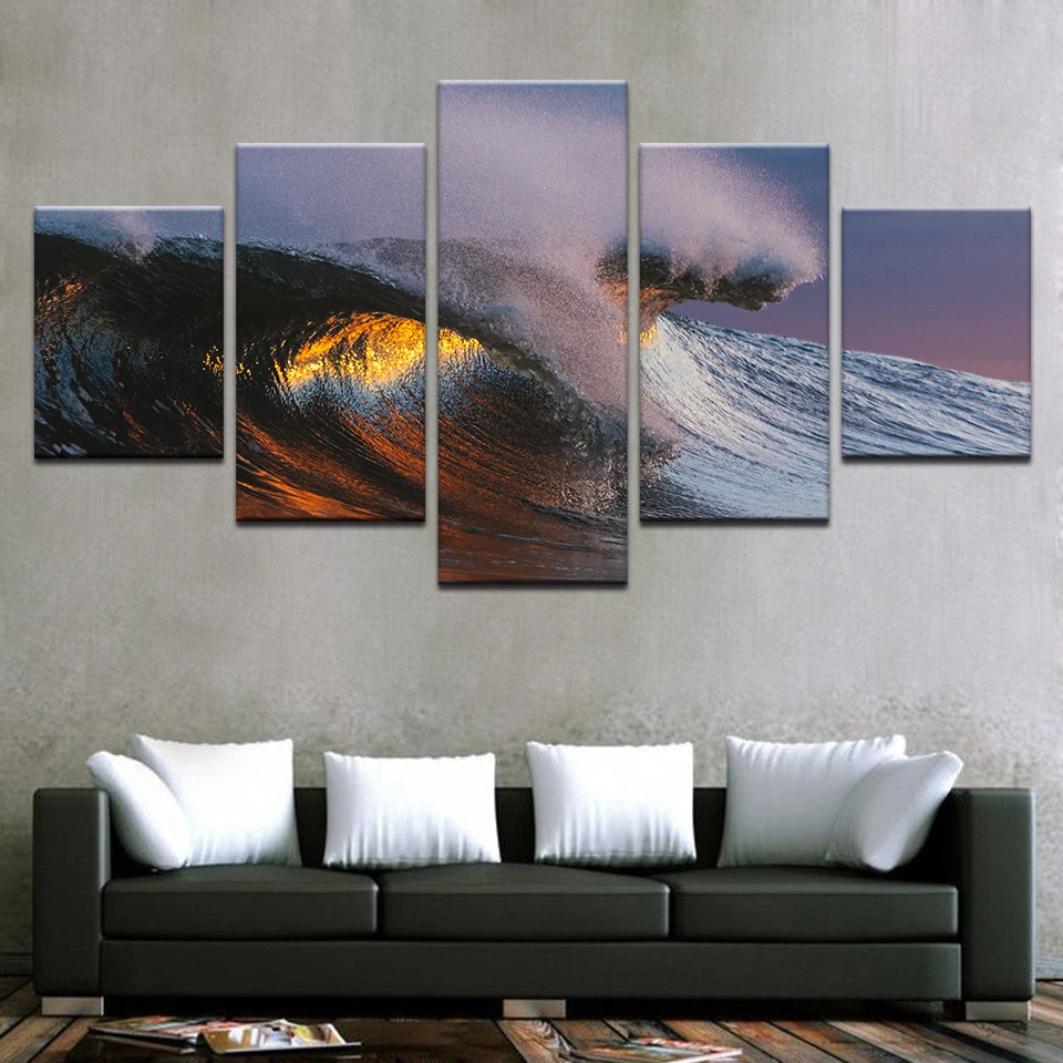 Canvas HD Prints Paintings Wall Art Home Decor 5 Pieces Sunset Sea Waves Seascape Pictures Modular Living Room Posters Framework