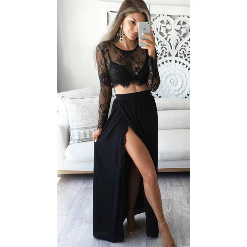

2 Piece Set 2019 Women Black Sexy Lace See Through Crop Top Ladies Casual Slip Beach Party Dresses Female Fashion Clothes Robe