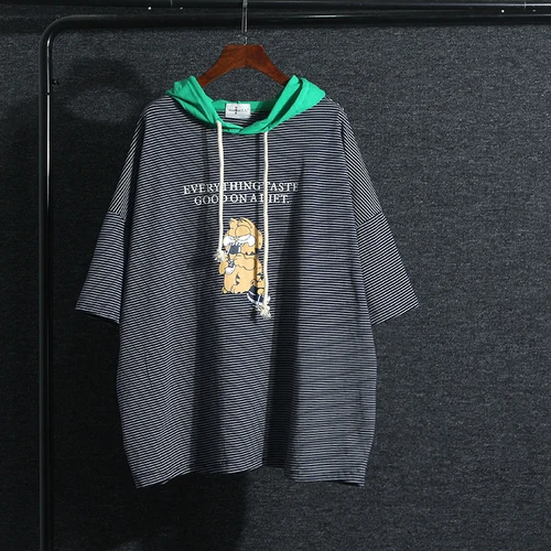 navy blue Женские футболки хлопковые повседневные трикотажные свободные с коротким рукавом мультфильм плюс размер с капюшоном Длинная ткань лето - Цвет: navy blue