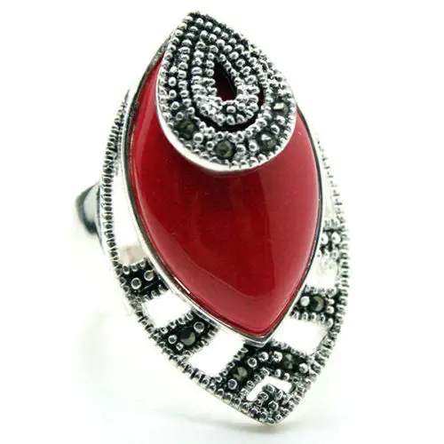 

wholesale 925 Sterling Silver Red Carved Lacquer With Marcasite Attractive Ring Size 7-10