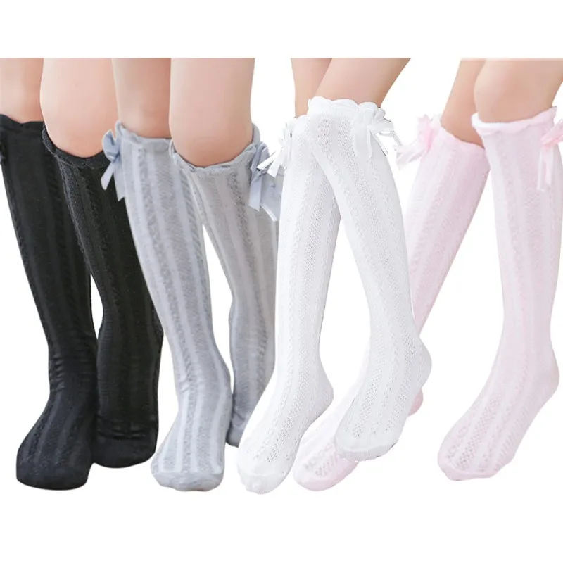 Детские носки до колена в клетку с бантом для девочек; повседневные эластичные носки для детей; однотонные носки для девочек