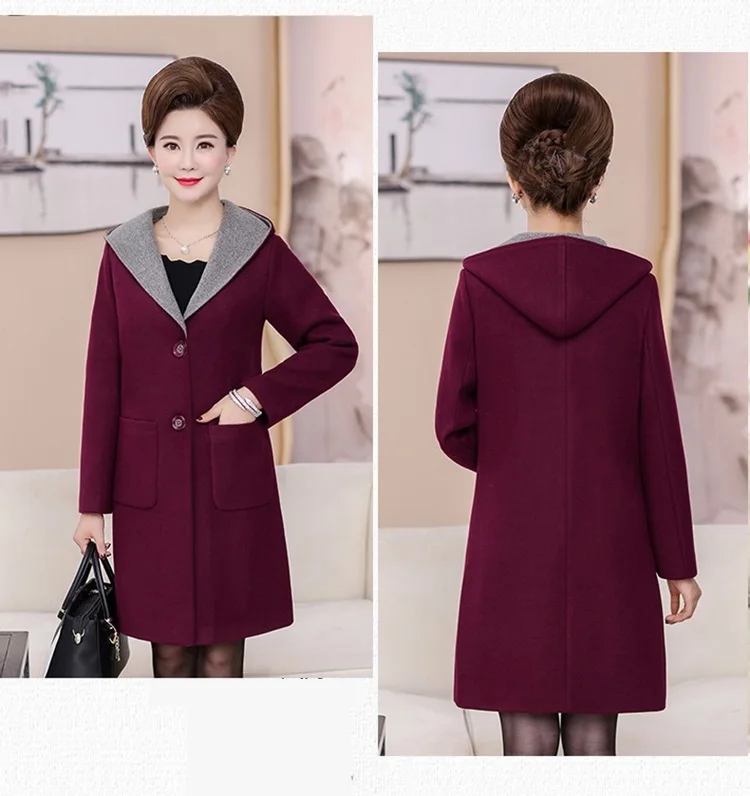 Autumn Winter Woolen Coat Women Hooded New Middle-aged Mother Clothes Long Slim Wool Coat Womens windbreaker Plus Size coat 5XL