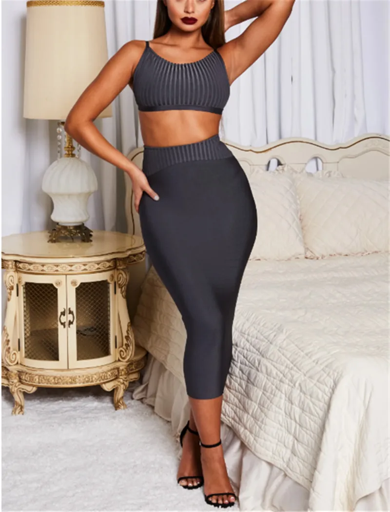 

New Arrival Women Sets Strap Short Tops With Skirts Mid Calf 2 Pieces Bandage Sets Evening Party Clothes