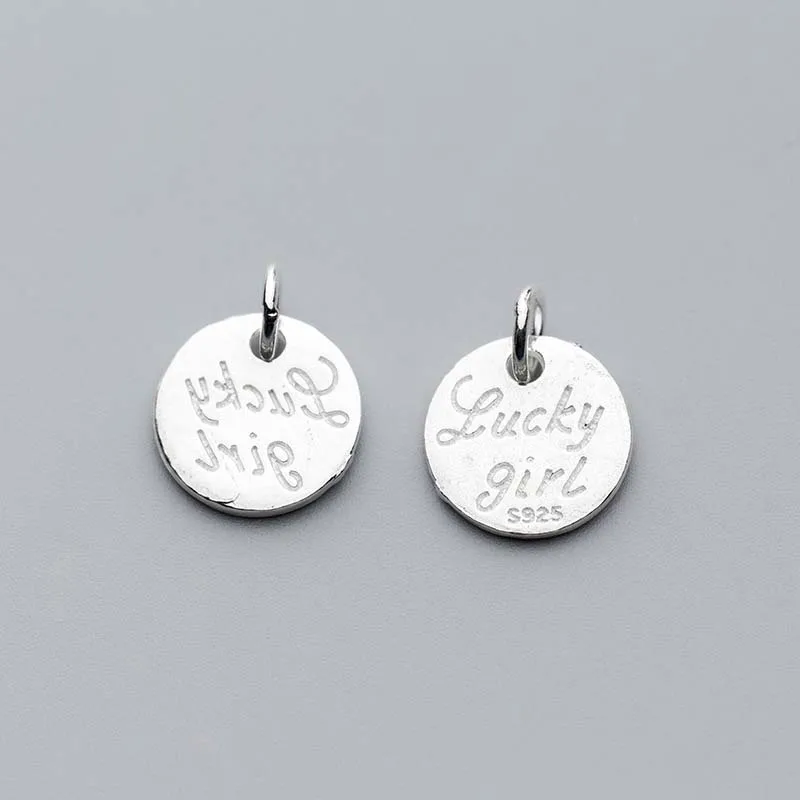 13mm 925 Sterling Silver Carved Round Tag Charms Lucky Girl Alphabet