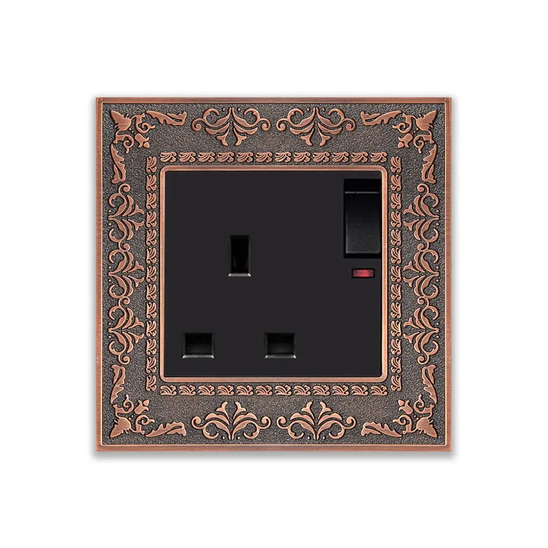 

UK Emboss style Square 3-Pins/hole 13A wall socket, With ON/OFF switch and Indicator light, Zinc alloy frame outlet