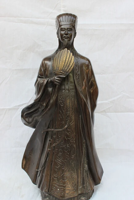 

USPS to USA S1669 20" Chinese Bronze Famous Wise Strategist Zhu Ge Liang KongMing Hold Fan Statue (B0413)