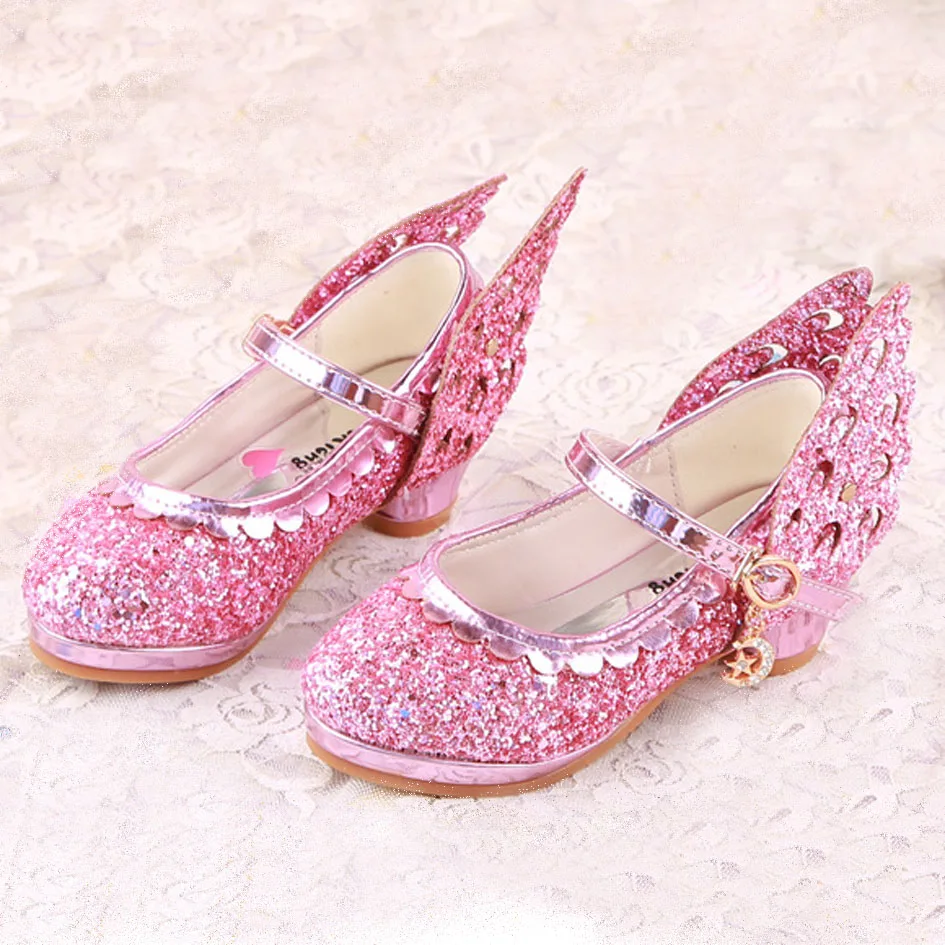 Kitiin Shinning Glitter Kids Girl High Heels 2017 New Butterfly Wing