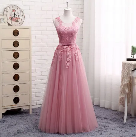 Пыльно-розовые платья подружки невесты, длинные кружевные аппликации без рукавов, дешевые вечерние платья для выпускного вечера, Vestidos De Noiva Robe De Mariage платье для девочки - Цвет: dusty pink long