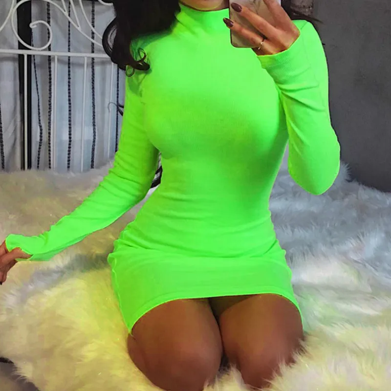 

Neno Green Bodycon Dress Women Fashion Turtleneck Fit Sexy Party Lady Skinny Dress Fluorescent Female Mini Dress Street M0324