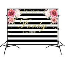 Happy forty Birthday Party Background Black and White Striped Flowers Backdrop Photography Backgrounds Vinyl Cloth black and white striped stripe backdrops vinyl cloth high quality computer print wall photography studio background