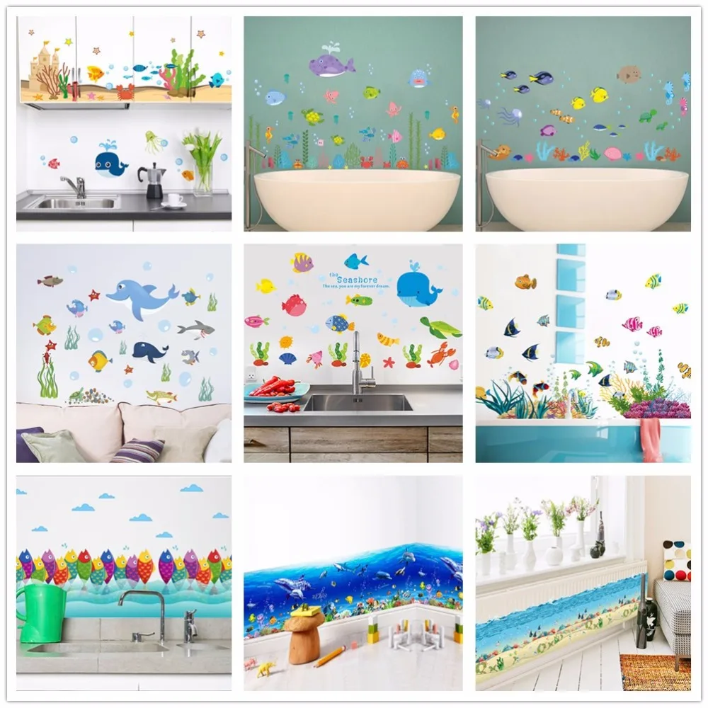 

% Underwater Seabed Fish Starfish Star Wall Sticker Cartoon dolphin Wall Decals Bathroom Decor Nursery Kids Room Poster Mural